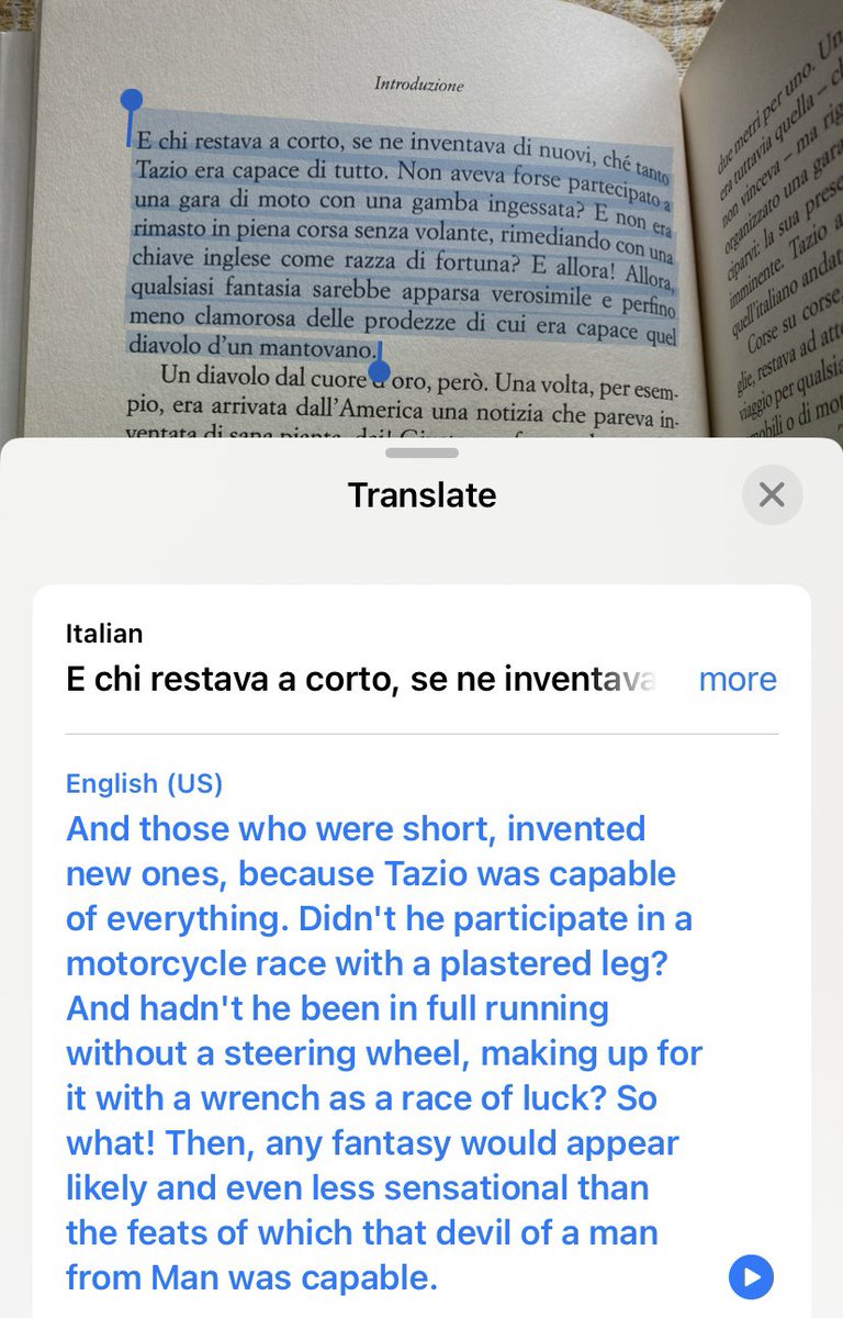 F1Podcast's tweet photo. I’ve bought a few non-English books recently. This one I’ve just started is in Italian. The solution is to photograph the pages with my iPhone and then select the text and translate. You can even play the translation so it’s like an audiobook. 😀 #F1 #F1book https://t.co/QPZqaefjTm
