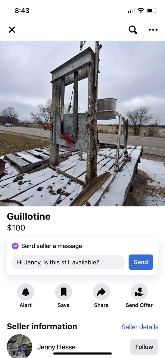 CarlyGaeth's tweet photo. Someone listed a guillotine on Facebook market place and I cannot handle it— the condition is “used-good” https://t.co/bQza4T3Jve