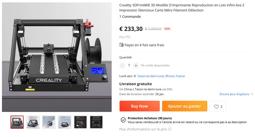nico69400's tweet photo. Pour ceux qui seraient joueurs (vendeur avec 0% d'avis), la #creality #CR30 #Printmill est à 233Euros sur AliExpress
Fdp gratuit via DHL
https://t.co/4JBsvo81Wb https://t.co/lr1DdehwuX