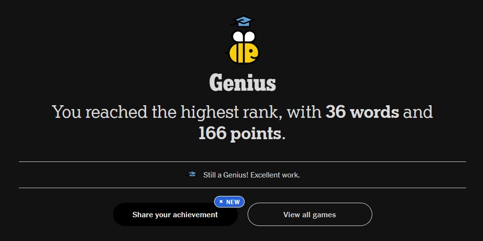 Ragarath98's tweet photo. Day 362-365: Finally, one year! Still can't believe it. This game saved my life in so many ways and it's all thanks to this wonderful community that just by posting and writing on the forum gave me strength to carry on. Thanks you all!
#spellingbee #Nytspellingbee  #nytsb https://t.co/2VLcmcJs8N