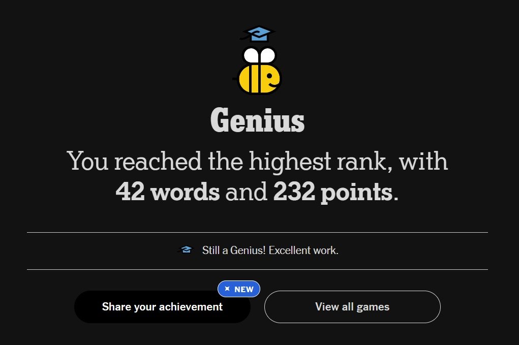 Ragarath98's tweet photo. Day 362-365: Finally, one year! Still can't believe it. This game saved my life in so many ways and it's all thanks to this wonderful community that just by posting and writing on the forum gave me strength to carry on. Thanks you all!
#spellingbee #Nytspellingbee  #nytsb https://t.co/2VLcmcJs8N