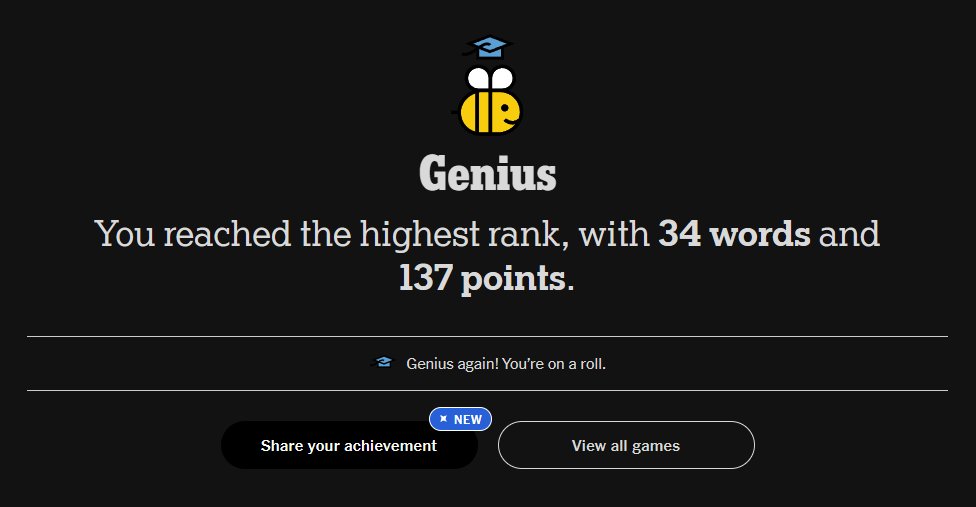 Ragarath98's tweet photo. Day 362-365: Finally, one year! Still can't believe it. This game saved my life in so many ways and it's all thanks to this wonderful community that just by posting and writing on the forum gave me strength to carry on. Thanks you all!
#spellingbee #Nytspellingbee  #nytsb https://t.co/2VLcmcJs8N
