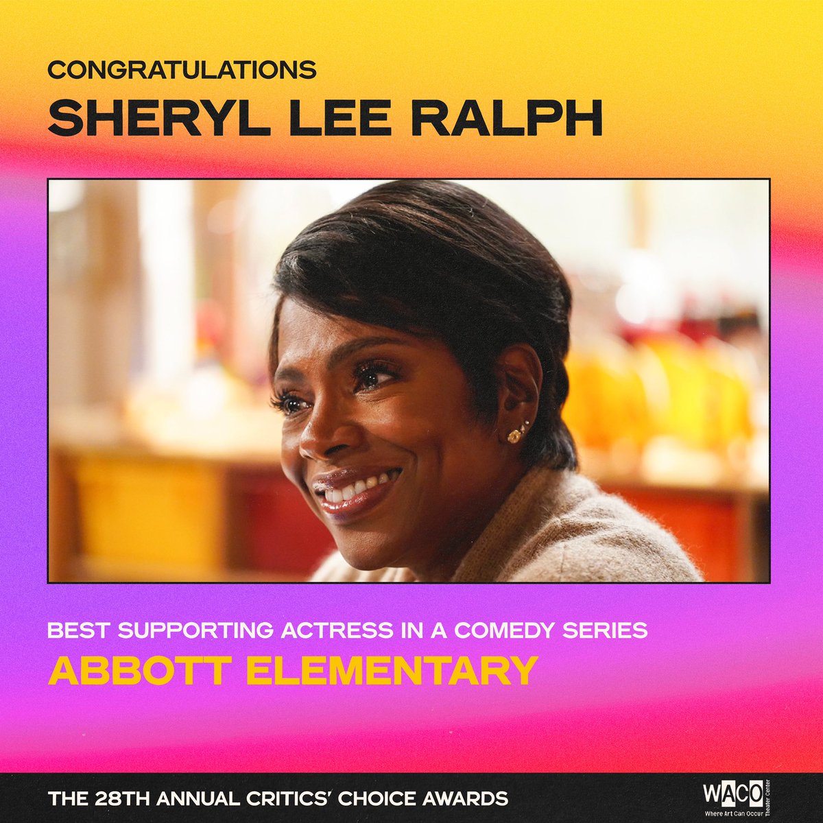 Congratulations! 🗣️ <a href="/thesherylralph/">sheryl lee ralph</a> is officially the #CriticsChoiceAwards winner for Best Supporting Actress in a Comedy Series! <a href="/CriticsChoice/">Critics Choice Awards</a>