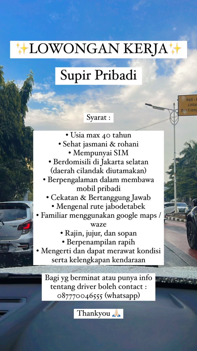 talbrandisini's tweet photo. boleh bantu share yaa temen2, aku cari min. 25 tahun yaa mungkin ada saudara atau kerabat yg sesuai kualifikasi boleh bgt yaa coba contact dulu #infoloker #lokerdriver #infolokerjkt https://t.co/mT6AC3SH6k