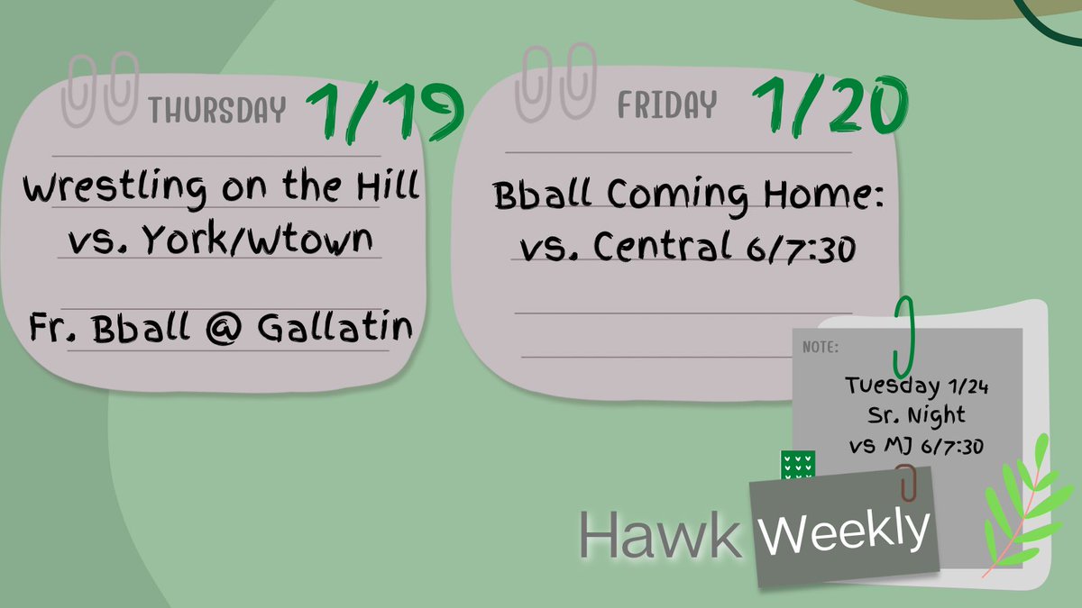 G_HillAthletics's tweet photo. Get your planners out to match ours!!
Busy week for our Hawks:
@ghhsswimming finishing up the regular season…
#MatHawks and #HoopHawks halfway through the 2nd half… https://t.co/Z8TnCd5g26