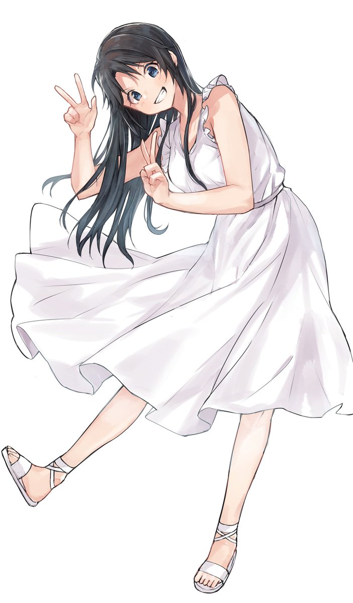 1girl black hair blue eyes double v dress full body grin  illustration images