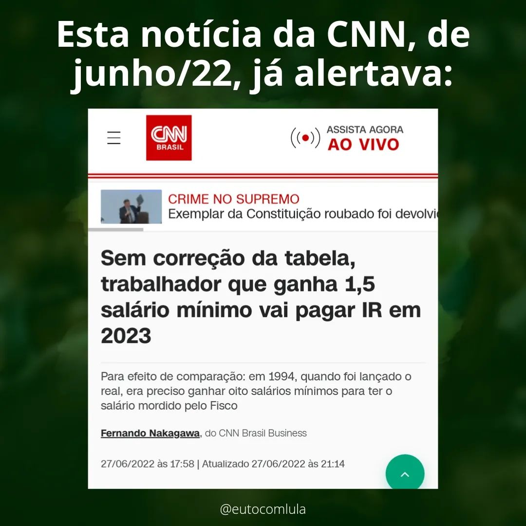 lazarorosa25's tweet photo. Desde 2015 (golpe na Dilma) que a tabela do IR não é corrigida, ou seja, a última atualização foi justamente no governo PT. Presidente Lula só pode mudar a partir de 2024. https://t.co/hcrhAaht8R