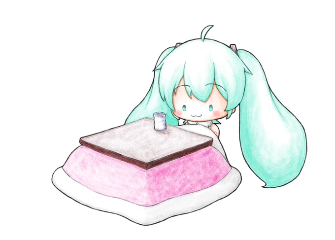 おはようございます。こたつでまったりするミクさんを描きました。自分もミクさんと一緒にまったりしたいです今日もよろしくお願いします。#初音ミク 