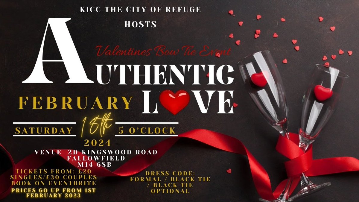 KICCityOfRefuge's tweet photo. Join us for an evening of sharing and learning as we celebrate Valentine's Day with our married couples and singles. Early bird - singles £20, couples £30. After 31st of January the price goes up.

To buy tickets go here:
https://t.co/SXevnE5m0o

#ValentinesDay2023 #didsbury https://t.co/8CTna6je8p