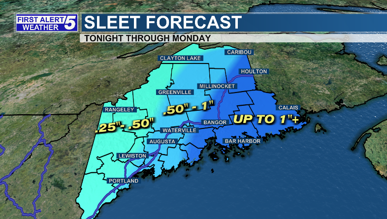 WABI_TV5's tweet photo. Ice and sleet accumulations have increased slightly. It's looking more likely that we could see over .50" of freezing rain DownEast, and over 1" of sleet. Ice combined with gusty winds will likely cause widespread power outages and hazardous travel. https://t.co/KogYfzFM9I