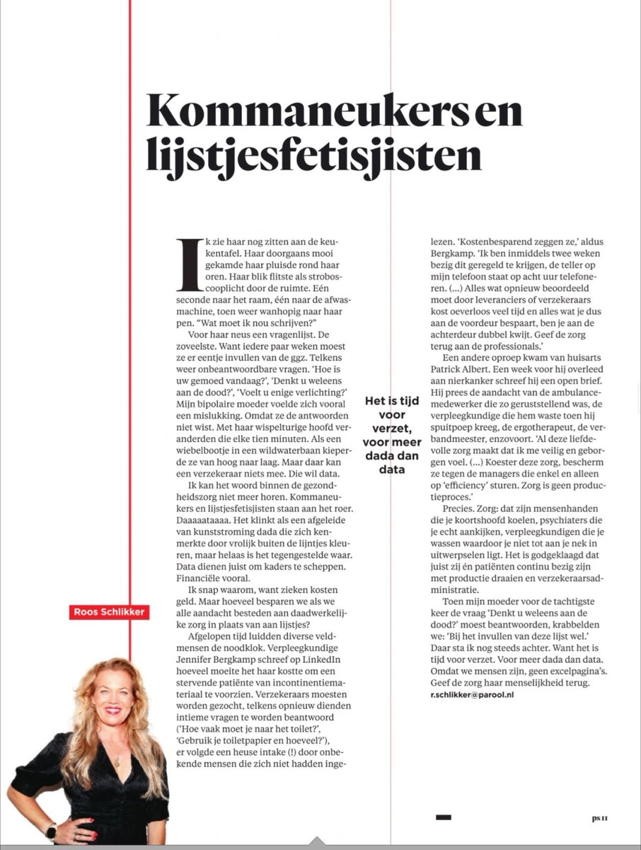 "Zorgverleners én patiënten zijn continu bezig met productie draaien en verzekeraarsadministratie.

Het is tijd voor verzet. 

Omdat we mensen zijn, geen excelpagina's. Geef de zorg haar menselijkheid terug."

🔥 @roosschlikker
