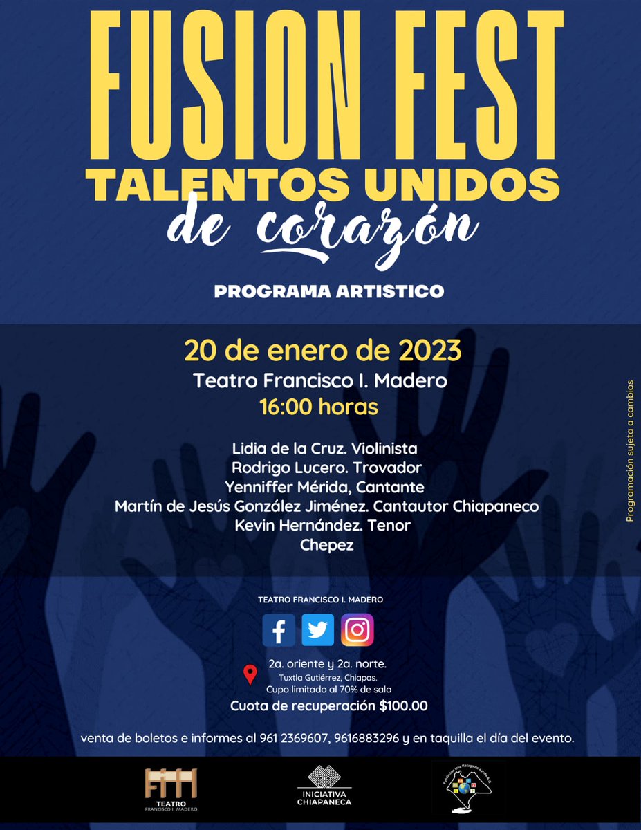 TeatroFIM's tweet photo. Este 20 de enero da inicio el Encuentro Artístico Fusión Fest Talentos Unidos de Corazón y te compartimos aquí la cartelera de este primer día de actividades. https://t.co/q3aPiR02Fq