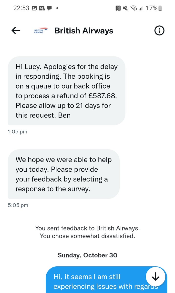 _lucymeakin's tweet photo. On the 26th September 2022 @British_Airways overcharged my card without consent (from a booking made on the 26th August), promised 21 days to process a rightful refund, told another 7-14 days. 30th November, they try to refrain from using timescales. Day 112 and still no refund. https://t.co/bCU1cpcL2C