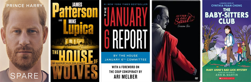 Wilmlibrary's tweet photo. This week the Wilmington Memorial Library has 141 new books and five new movies.  New items include Spare. https://t.co/nI7ispCvFr https://t.co/nV4yntgLVy