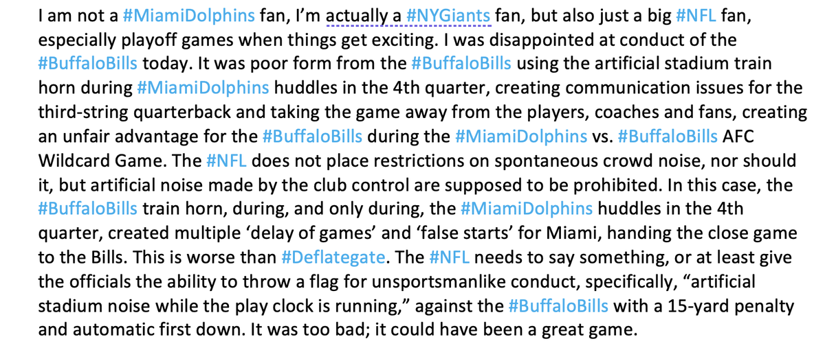 danzraly's tweet photo. Poor form by the #BuffaloBills using the train horn during #MiamiDolphins huddles in the 4th quarter, taking the game away from the players, coaches and fans. The #NFL needs to do something. https://t.co/K3hqAj6qIo