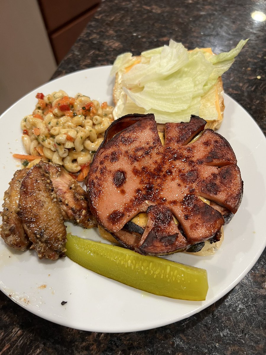 Smoked then fried bologna sandwiches. Mustard, mayo, American cheese on Texas toast! With some garlic Parmesan wings! #bbq #Grilled #grillmaster