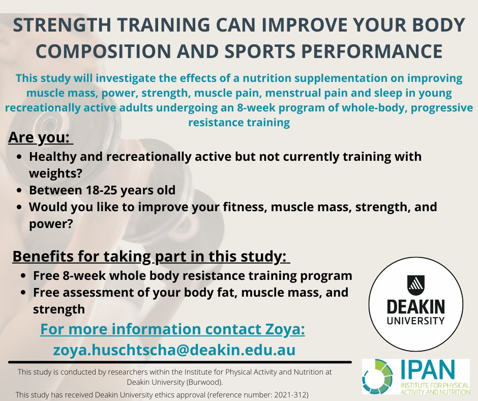 Please contact Zoya zoya.huschtscha@deakin.edu.au if you are based in Melbourne and would like to participate or find out more information about this strength training study.
