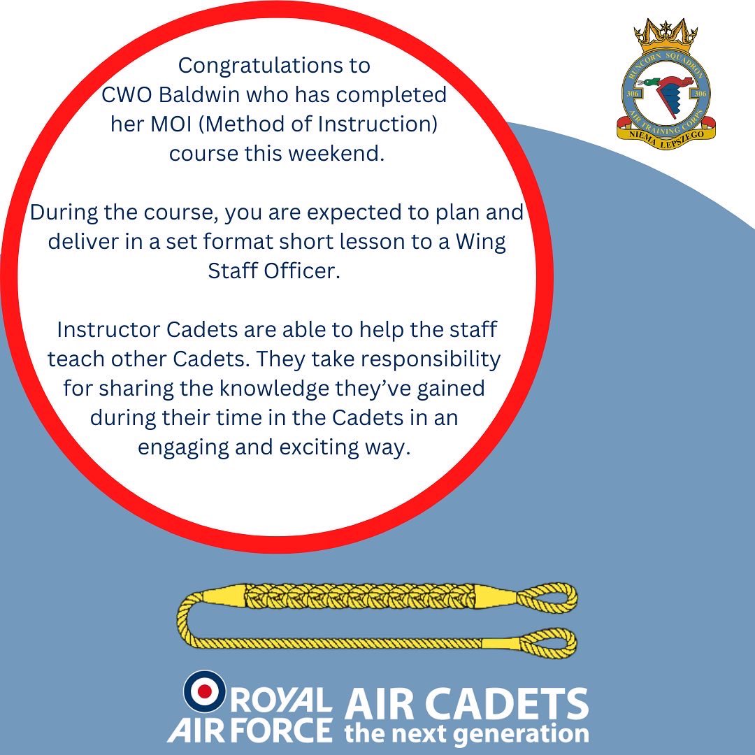 Congratulations to CWO Baldwin on the completion of her MOI (Method of Instruction) course today. She was presented with her yellow lanyard by OC Merseyside Wing, Wg Cdr O'Riley.