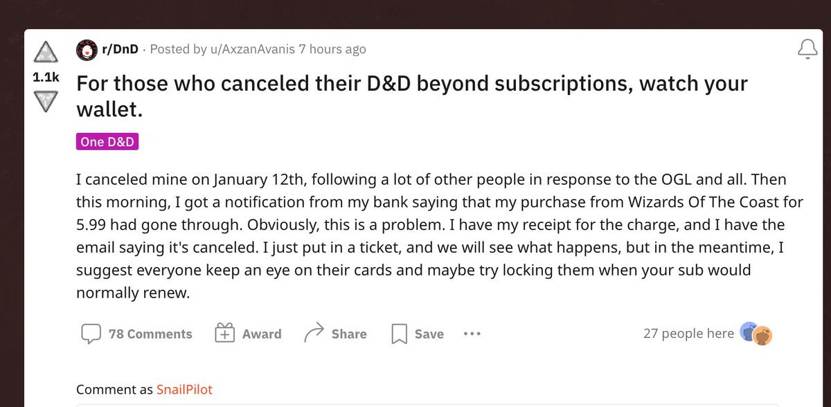 What in the actual FUCK. 

I would watch your bank statements if I were you. Just another obstacle between them and their money...
#OpenDnD #StopTheSub #DnDBegone