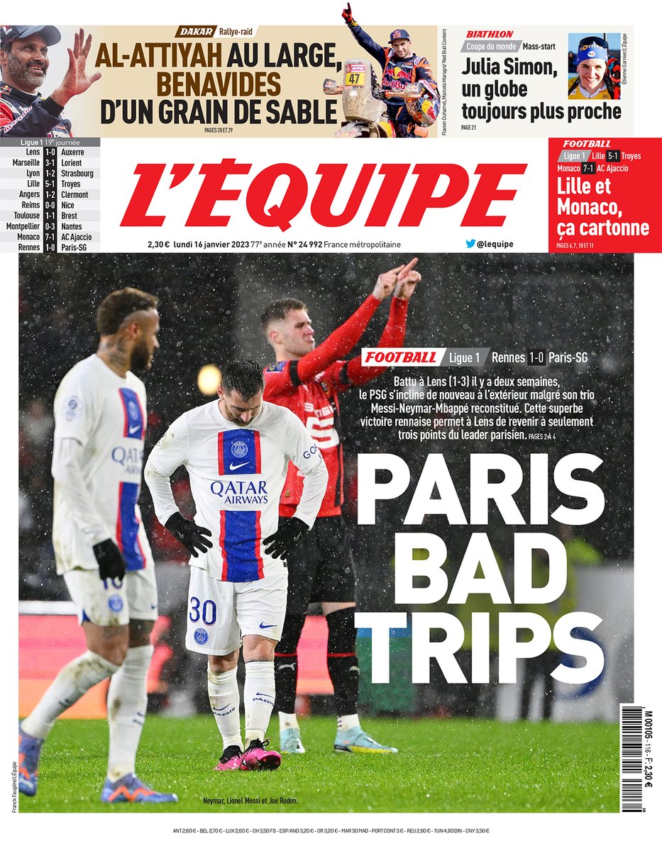 lequipe's tweet photo. La une de L'Équipe du lundi 16 janvier. 

Lire l'édition > https://t.co/ZInbPGBVXG https://t.co/gR9Sf6b3Xy