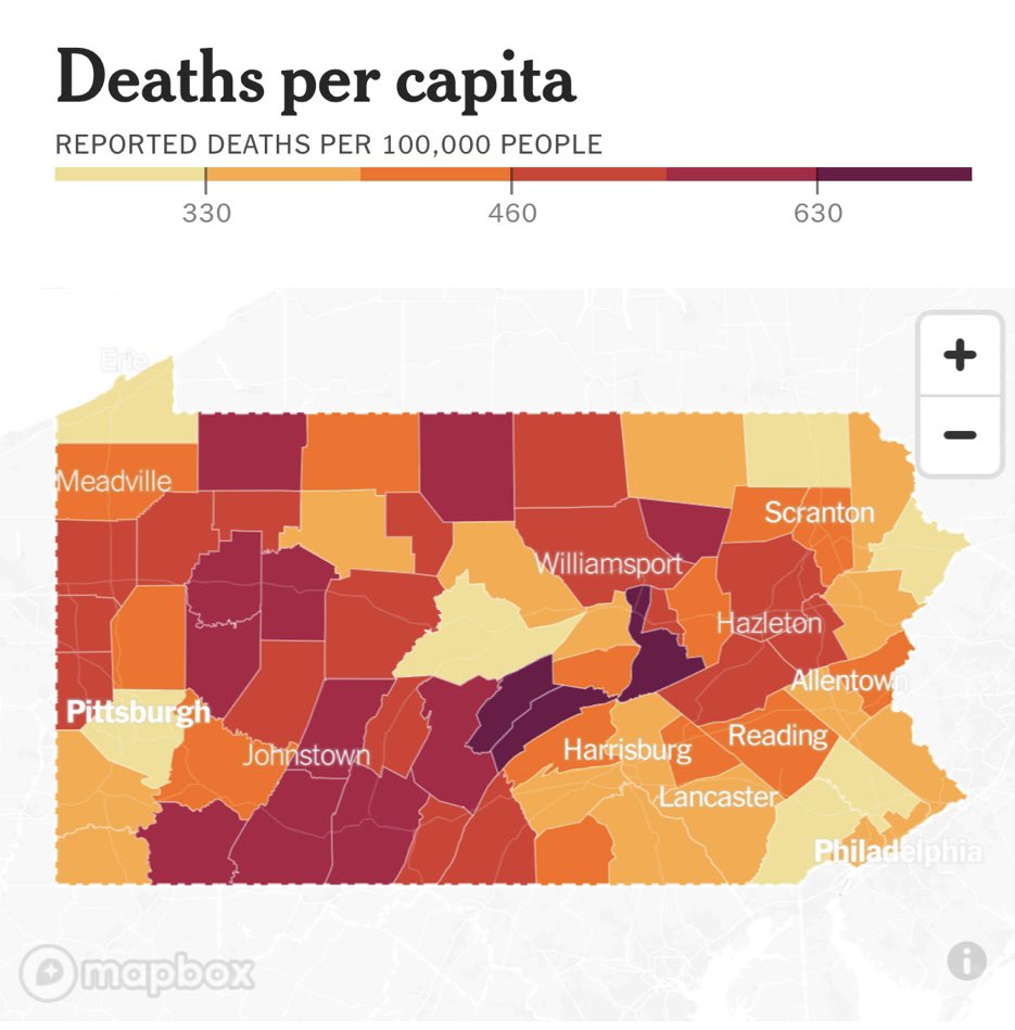 ShamikMehta4's tweet photo. @SarahHuckabee Lowest COVID deaths in liberal counties and cities in PA. Middle light spot: Penn State. https://t.co/ESUmDke1ag