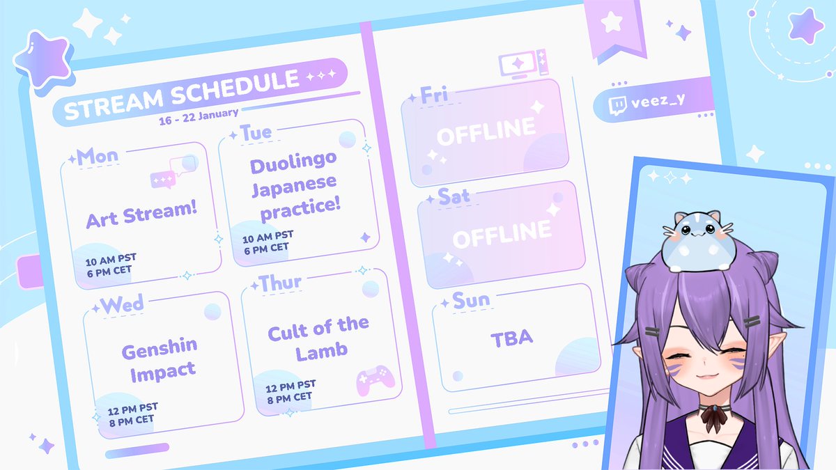 veezyVT's tweet photo. I made a schedule! 😳
Times and content may vary, depending on my mood but I do my best to stay organized this week
Hope to see you guys around 🤗
https://t.co/AZsjJGIDOg 🟣
🔴 Live: #LIVEE
🎨 Art: #VART
🤡 Meme: #VEEZNUTZ https://t.co/ntfhrHIMGL