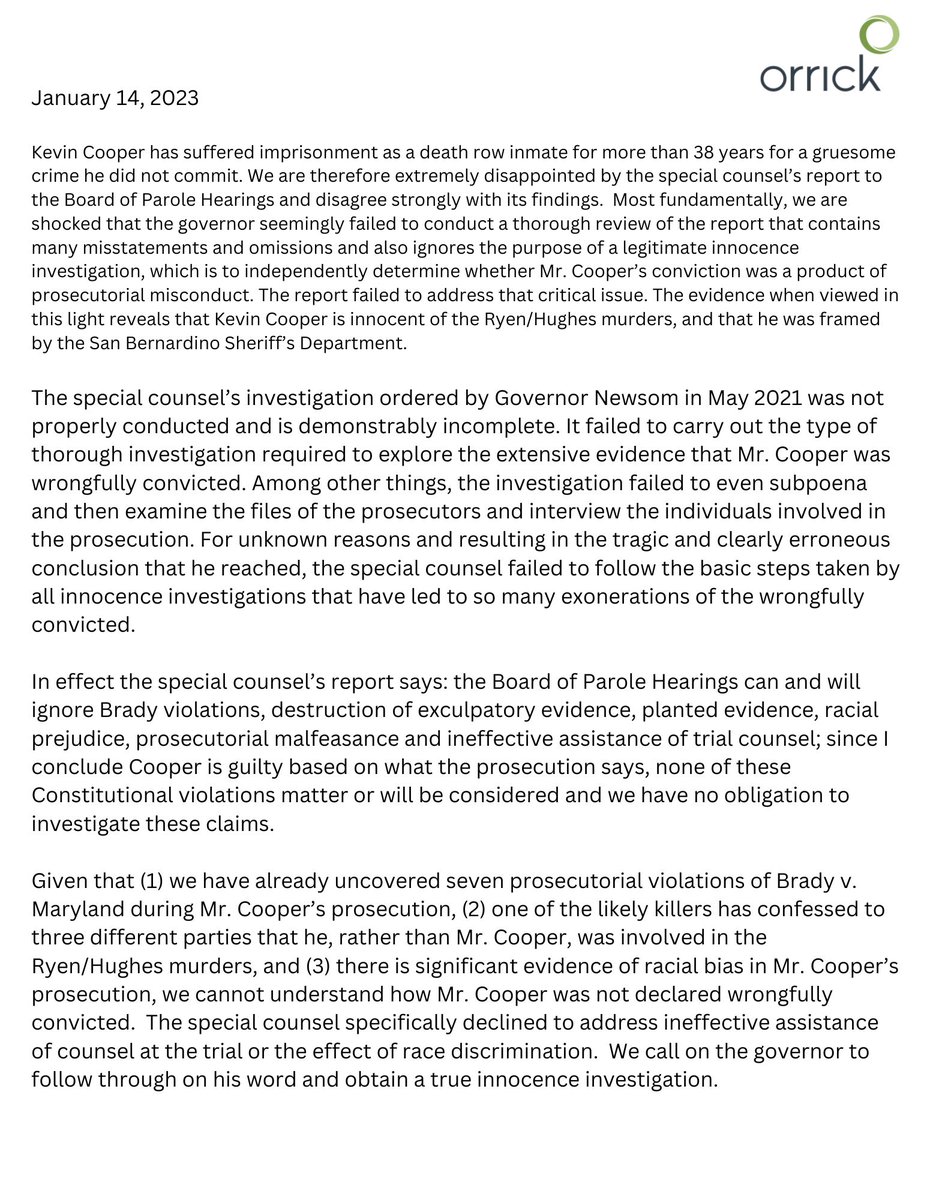 FreeKCNow's tweet photo. "In short, @MoFoLLP did not do an innocence investigation per @CAgovernor May 2021 order. They simply looked at the evidence the prosecution used and then hired their own experts to affirm what the prosecution said." ~ Norman Hile @Orrick
https://t.co/iFR3lyjqhP https://t.co/Eyr8jlG0eC