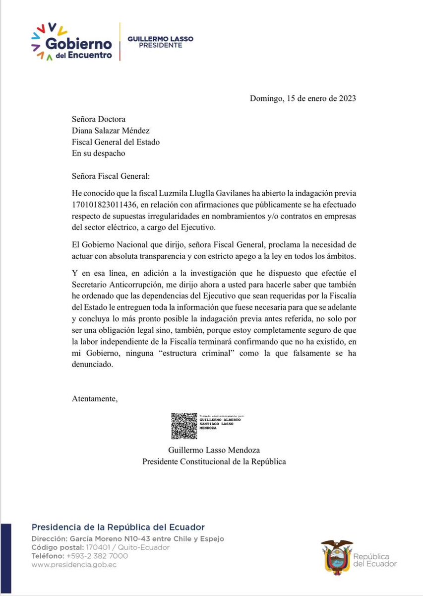 LassoGuillermo's tweet photo. Ecuatorianos, nada que ocultar. He dispuesto a todos los niveles del ejecutivo entregar la información requerida a @FiscaliaEcuador. https://t.co/4P2MLRuEMO
