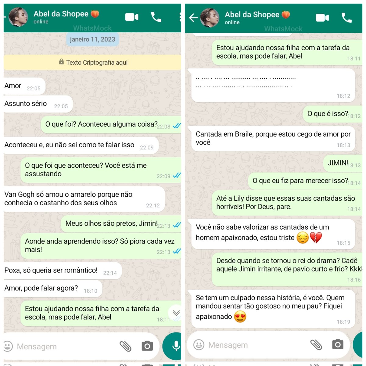 Vazou uma conversa dos Jikook de Zona de Perigo kkkkkkk o apelido é o melhor!

#abeldeveludo #fanfic #fanfiction #Wattpad #zonadeperigo
