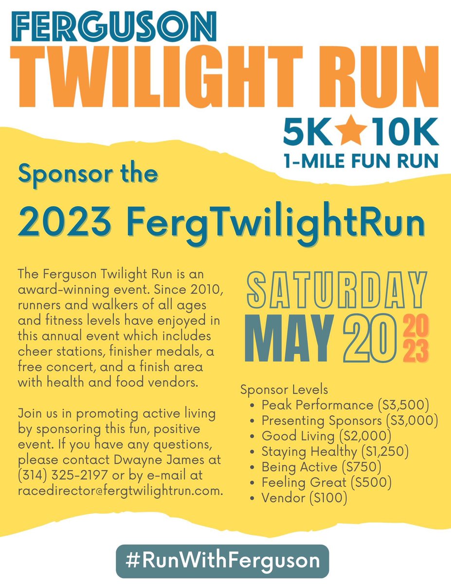 FergTwilightRun's tweet photo. Be a Sponsor of the 2023 Ferguson Twilight Run - so many levels to choose from. Talk with your employer or favorite business about sponsoring - supporting community is a great way to do business. See below or contact us for more details.

https://t.co/7vUtbdpzm3

#RunWithFerguson https://t.co/XBoNmqfcBl