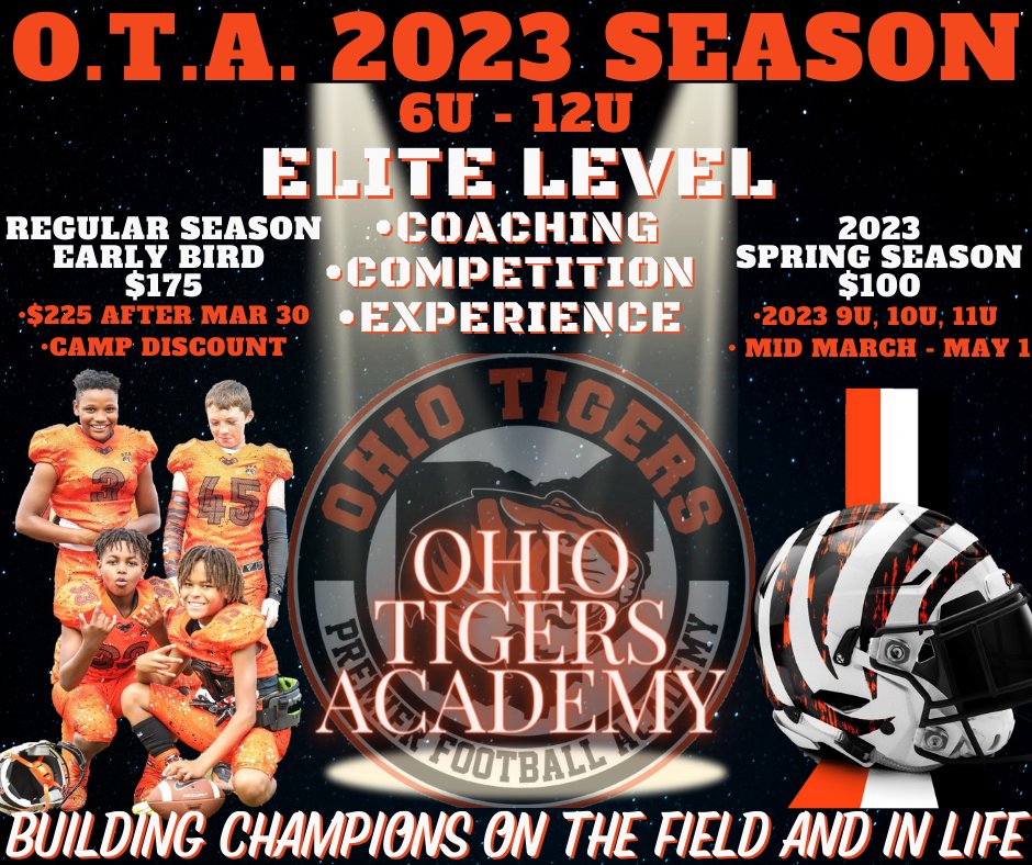 💥O.T.A. 2023 REGISTRATION💥
We aren't going anywhere🤫 Join THE best youth football organization in the 330!💯
🏈Spring and/or Regular Season 
💵 ️PAYMENT PLANS AVAILABLE 
👉🏼 ohiotigersacademy.com