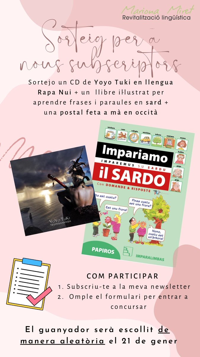 lamarionamiret's tweet photo. Ep! Encara queden uns dies. Has participat ja al sorteig? És gratuït i per vosaltres!
Guanya un llibre i un CD😍
1. Subscriu-te a la newsletter🖱️
https://t.co/W80npILfgE
2. Omple el formulari🧾
https://t.co/4soLpFcWRE
El 21 de gener anuncio el guanyador. Good luck!🤞
#giveaway https://t.co/ugBsb6LKhz