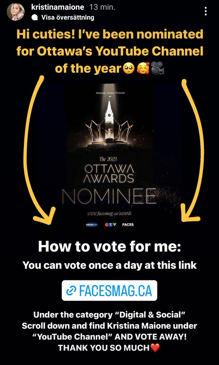 DIF91's tweet photo. To all my fellow mahomies out there, vote for @KristinaMaione , Ottawa's YouTube-channel of the year.
Click on the pic and follow the instructions!
#Youtube #KristinaMaione #ToTheKing https://t.co/hCnMxxaQR7