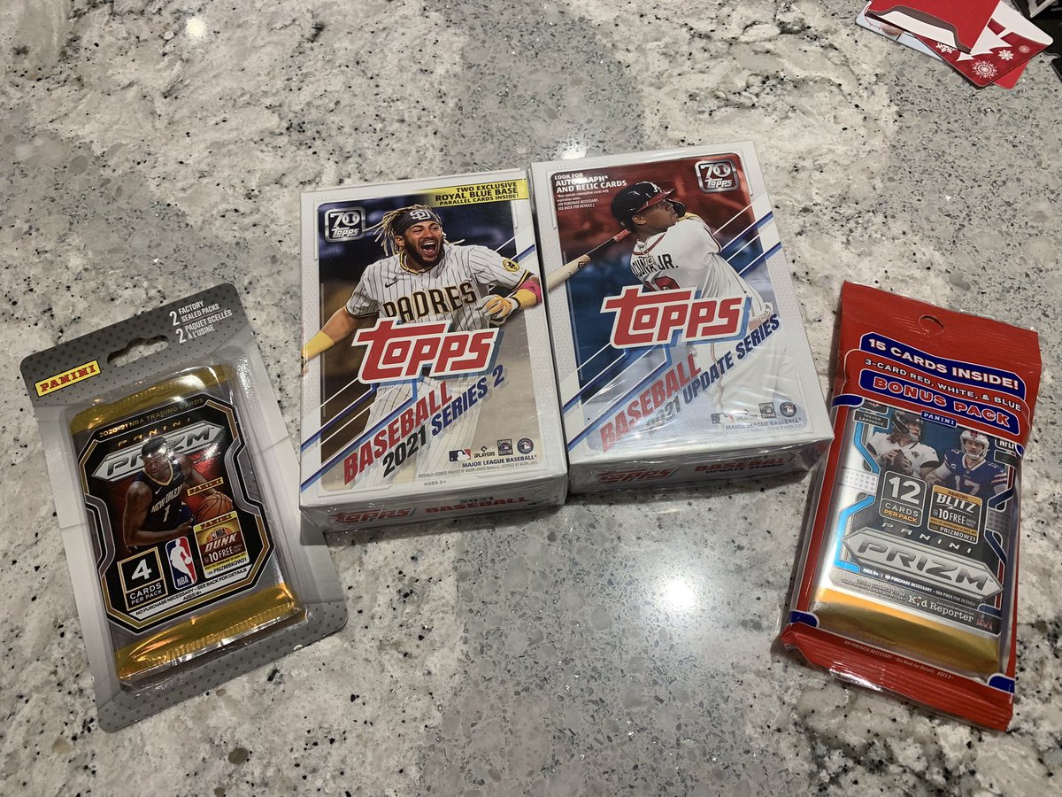 Giveaway at 1K followers. Winner chooses 1 item from the picture. Topps MLB, NBA Prizm and NFL Prizm.      Like, Retweet and Follow