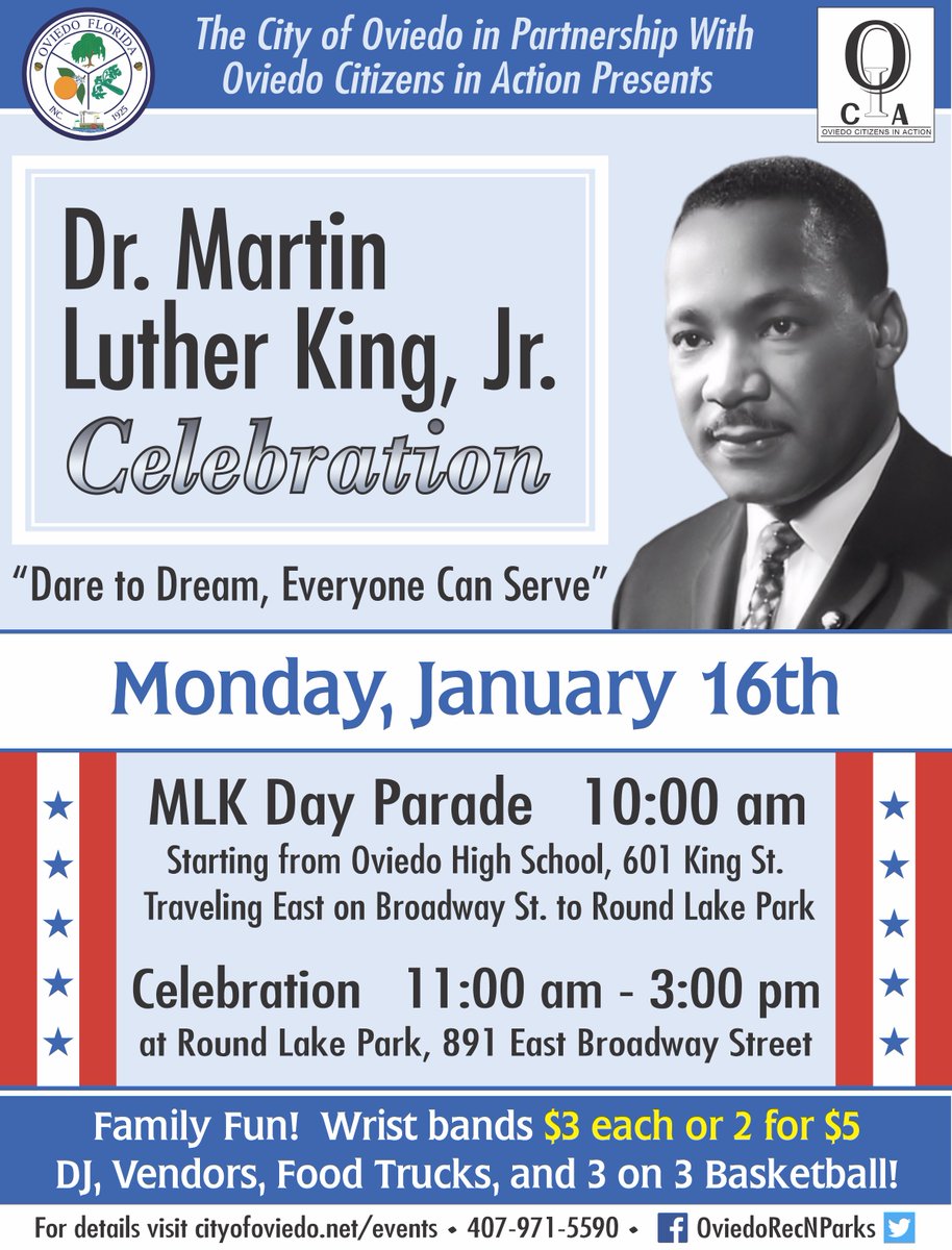 OviedoCityGov's tweet photo. REMINDER!  Road Closures Monday morning for the MLK Day Parade.  Please make plans now to use detours or avoid the area.  https://t.co/GoA1B6ml1l https://t.co/Vsv5uKUVgM