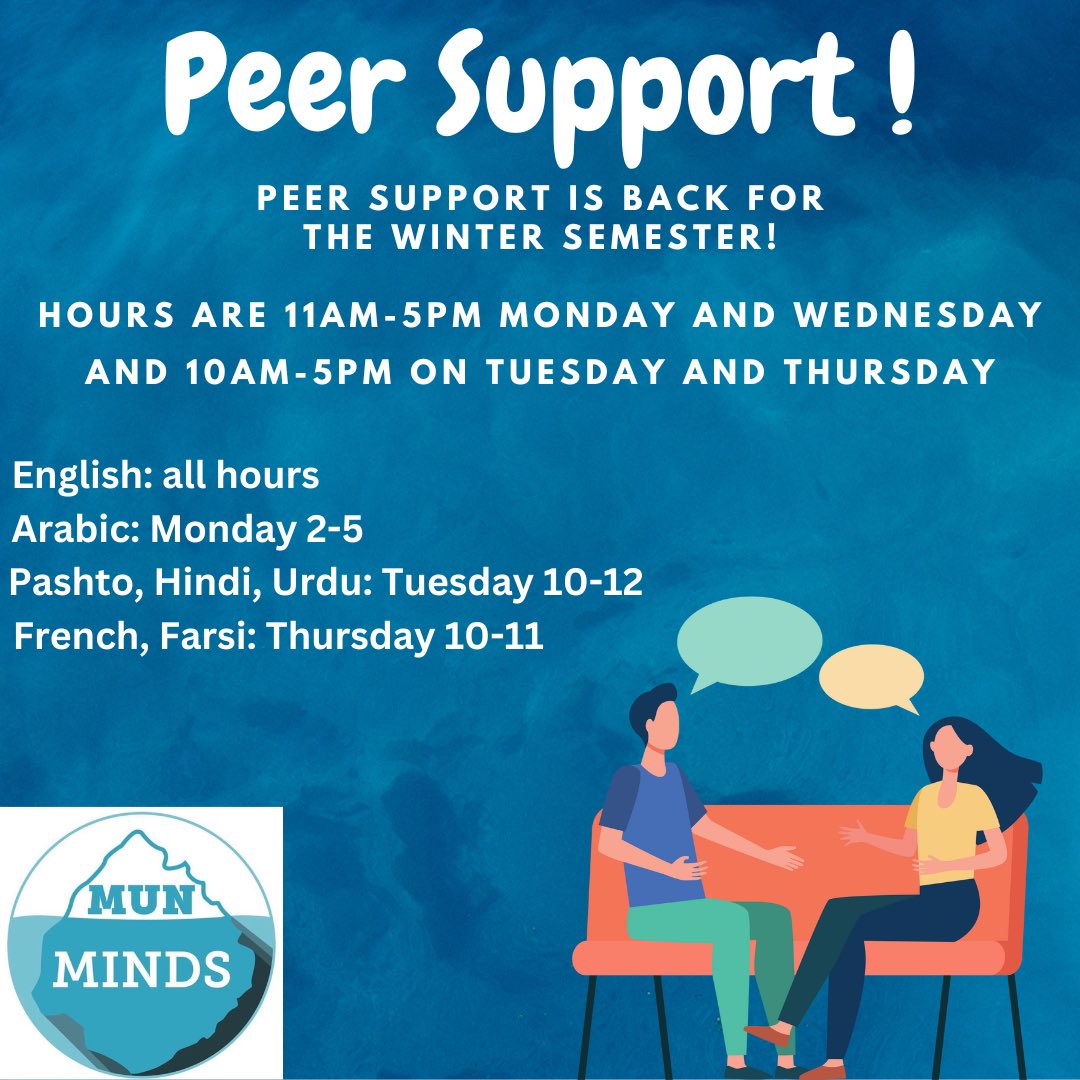 Peer Support is starting up again tomorrow, Monday January 16th! Feel free to drop by during any of our hours listed above. We’re here to help💙 If you have any questions feel free to ask us in person or message us. We are located in room UC-6017