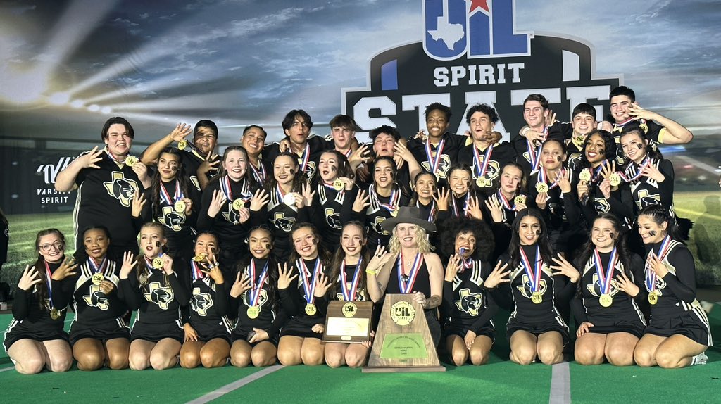 KISDAthletics's tweet photo. 2023 UIL State Coed Cheer Champions for the 4th year in a row. They put in the hours of commitment &amp; came together as a team. Another ring 💍💍💍💍will be made. That’s right, 2020, 2021, 2022, &amp; now 2023 UIL STATE CHAMPIONS. Congrats to the athletes, Coach Butler, Lowery &amp; Murto. https://t.co/rlbq1fMS8y