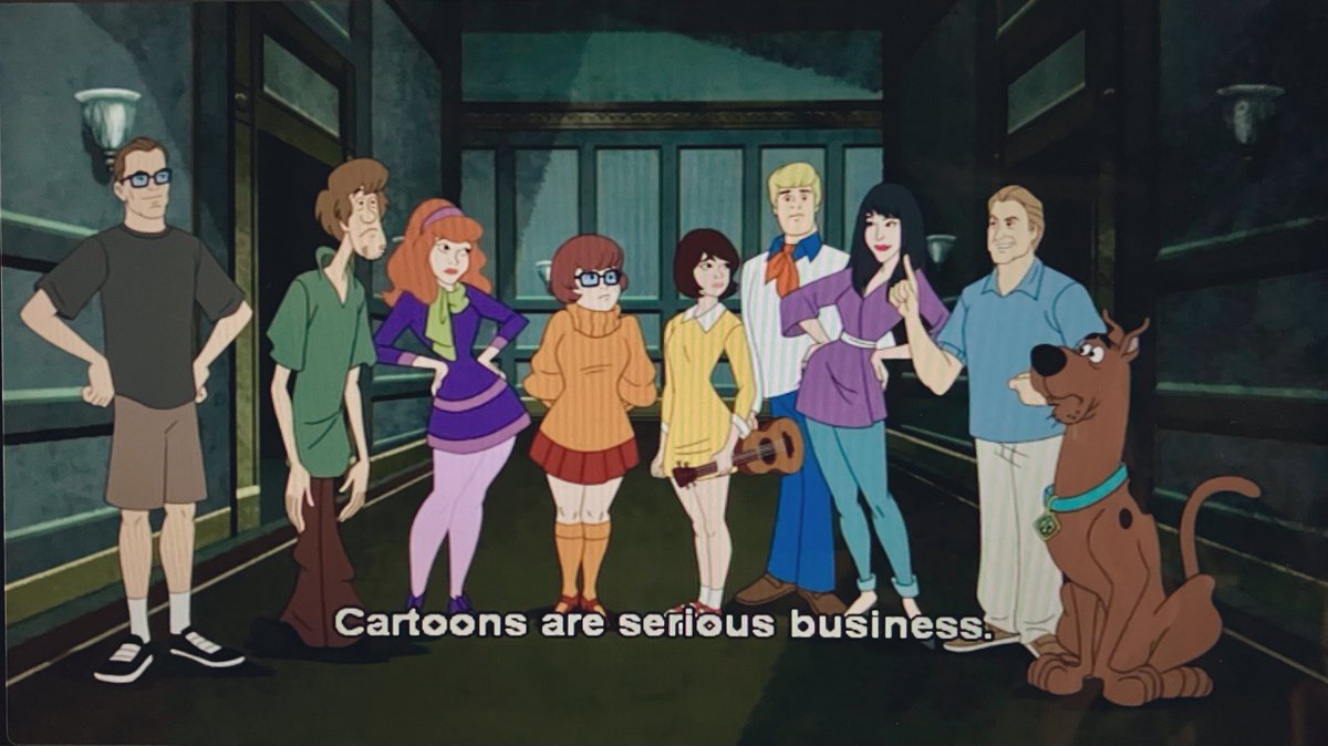 HBO max Velma show:
-You know what "420" is, right?
-Um, yeah. It's code for "adults who still watch cartoons."

Meanwhile, Scooby-Doo and Guess Who?
s2ep24 "A Haunt of a Thousand Voices!"
(guest starring Mystery Inc's VAs as themselves):

@HannaBarberaCap <a href="/scoobyhistory/">Scooby-Doo History</a>