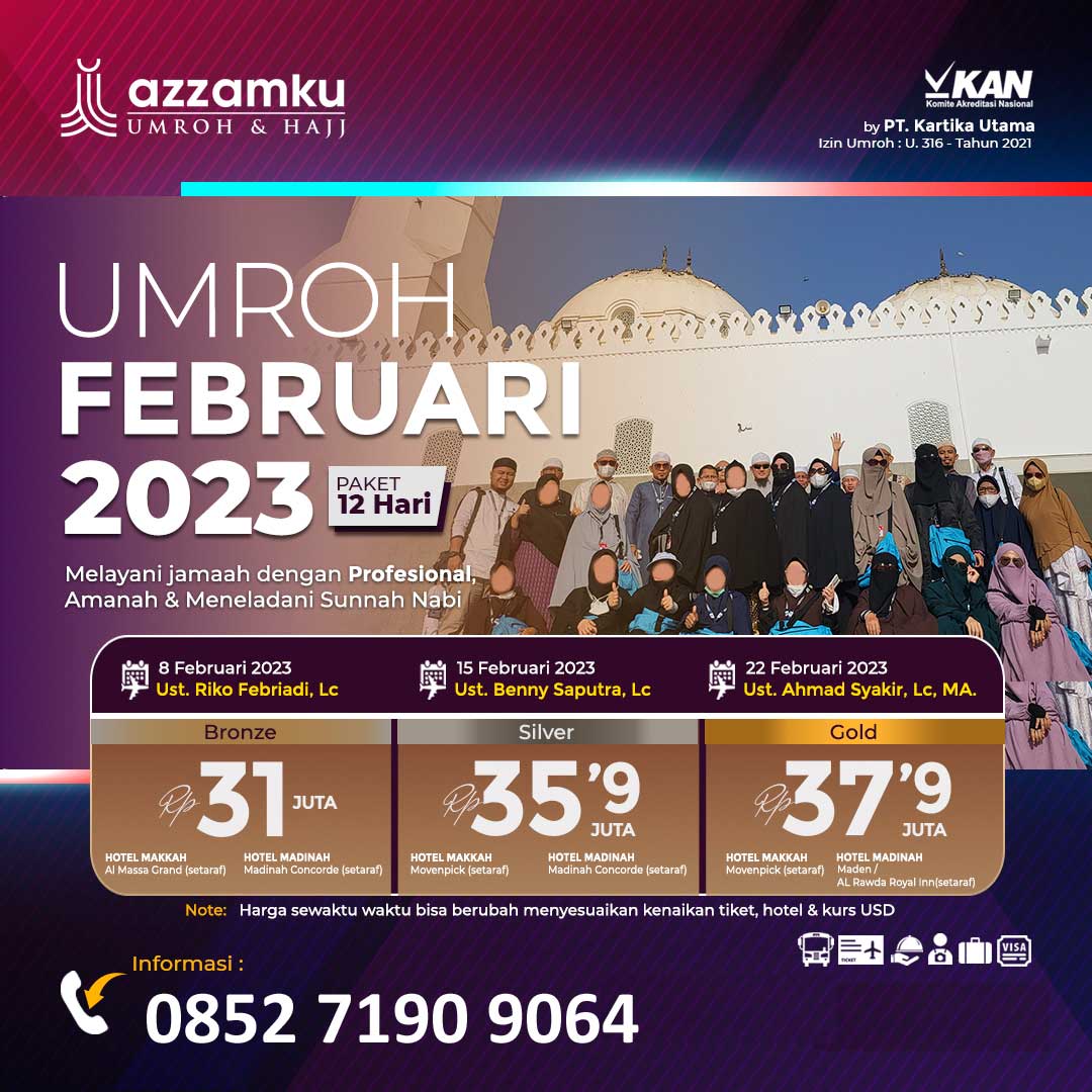 3 Jadwal Umroh Februari 2023 - AzzamKU

#umroh #umrah #sunnah #umrohsesuaisunnah #azzamku #makkah #madinah #umrohfebruari #februari2023 #diskon #discount #pekanbaru #riau 

riau-airlines.com/umroh-azzamku/