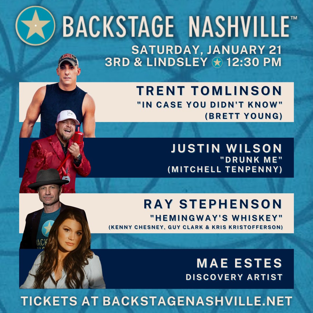 WE'RE BACK! This Saturday, Jan 21 (12:30 PM) we are featuring @TrentTomlinson (#DamnStrait), #JustinWilson (#DrunkMe), @RayStephenson (#RedRiverBlue) & @MaeKEstes! Food/Drinks are served when the doors open at 11AM & VIP Reserved Seating is available. 🎟️: bit.ly/bsnjan21
