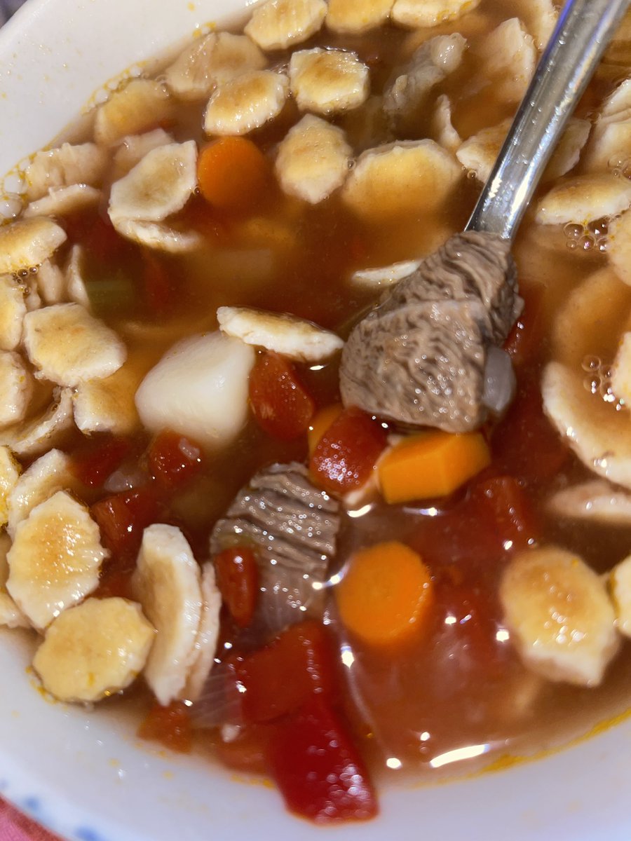 Homemade beef vegetable soup 🍲 is da bomb 💣

Yes I like oyster crackers. ☺️

#vegetablesoup #yesicancook