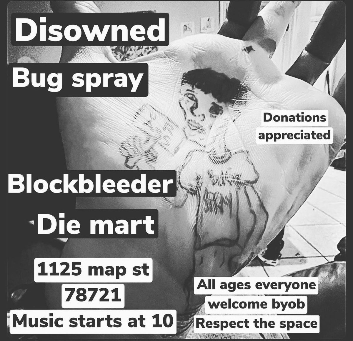 blockbleedertx's tweet photo. SURPRISE EVICTION HOUSE SHOW TONIGHT FUCK LANDLORDS FUCK POSERS AND FUCK THE POLICE https://t.co/Bx8VZnxM4z