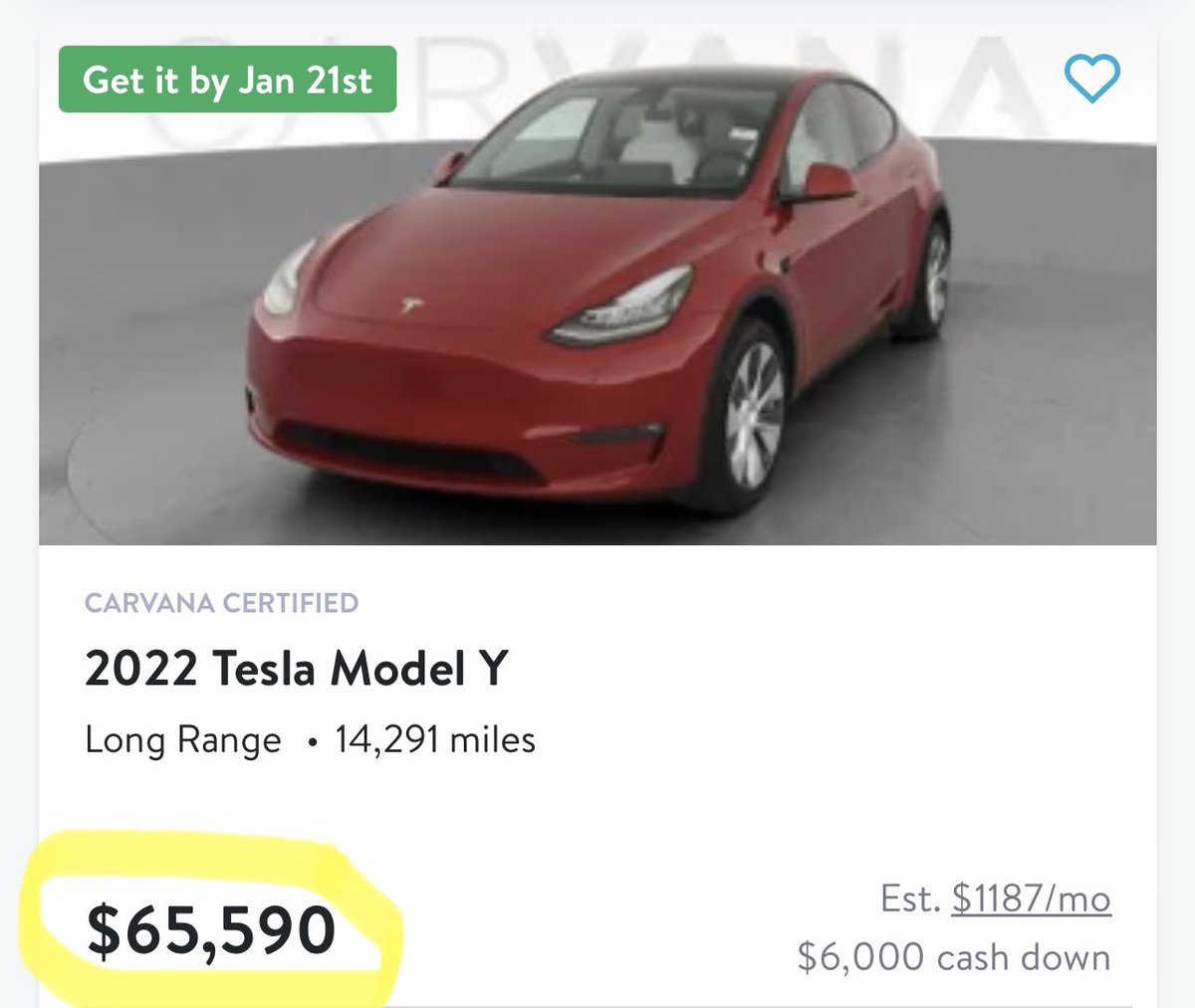 GuyDealership's tweet photo. Tesla Model Y listed on Carvana for $12,600 MORE than a NEW one.

Carvana’s management literally asleep at the wheel https://t.co/EZgGPrWLFO