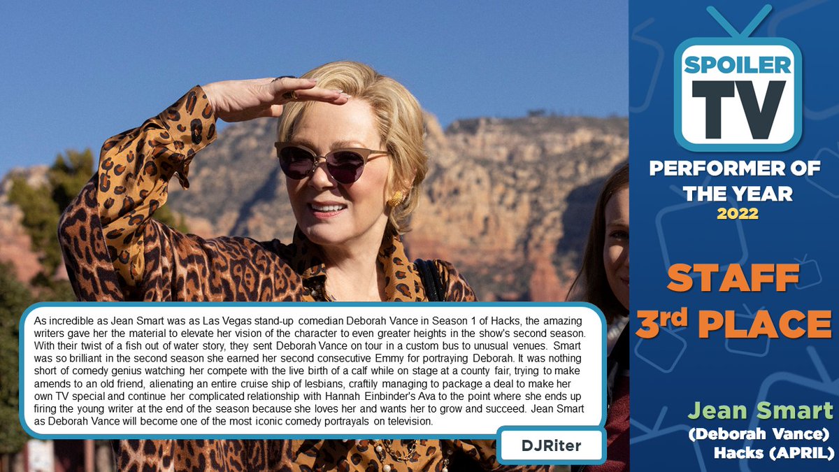 Congrats to <a href="/Zendaya/">Zendaya</a> for winning <a href="/SpoilerTV/">Rеnzо</a>'s 2022 Staff Choice #POTY. Congrats to <a href="/SadieSink/">Sadie Sink</a> for coming in 2nd and to #JeanSmart for 3rd. #Euphoria <a href="/euphoriaHBO/">euphoria</a> #StrangerThings <a href="/Stranger_Things/">stranger things</a> #HacksOnMax #HBOMax <a href="/hbomax/">HBO Max</a>
spoilertv.com/2023/01/perfor…