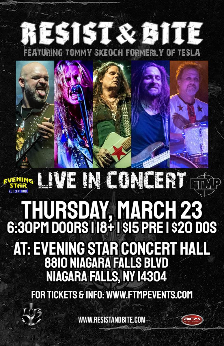 Resist & Bite in Niagara Falls, NY
- featuring TOMMY SKEOCH (formerly of TESLA) & NATHAN UTZ (formerly of LYNCH MOB & BLONZ)

Thursday, March 23rd // @ Evening Star Concert Hall // Tickets NOW on sale

Tickets: purplepass.com/ResistAndBite

Facebook event page: facebook.com/events/5732794…
