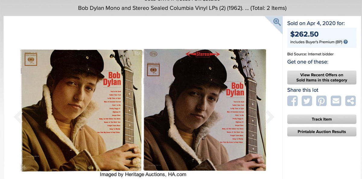 PriceGuideApp's tweet image. Bob Dylan vinyl LPs are on 🔥🔥

In 2020 a sealed combo of his debut album in stereo &amp;amp; mono sold for $262.50

Just the stereo version would sell for $4,000+ today.
