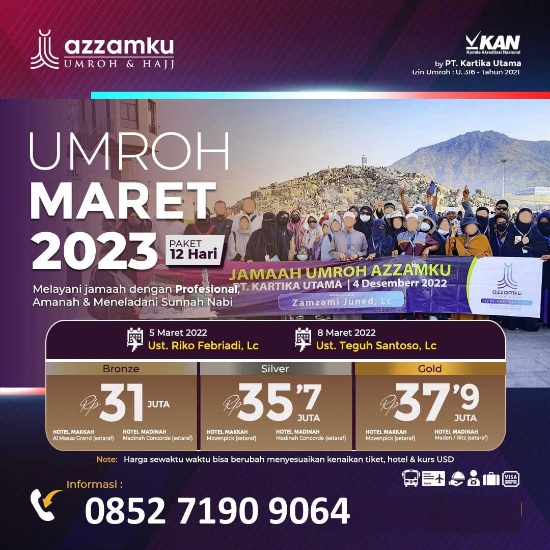 Umroh Maret 2023

* Tgl  6 Maret 2023
* Tgl 8 Maret 2023

bisa menerima jemaah dari seluruh Indonesia

#umroh #umrah #umrohmaret #umroh2023 #umroh1444 #hajj #haji #maret #maret2023 #azzamku #sunnah #travel #travelsunnah #jalan #amanah #murah #diskon 

riau-airlines.com/tag/azzamku/