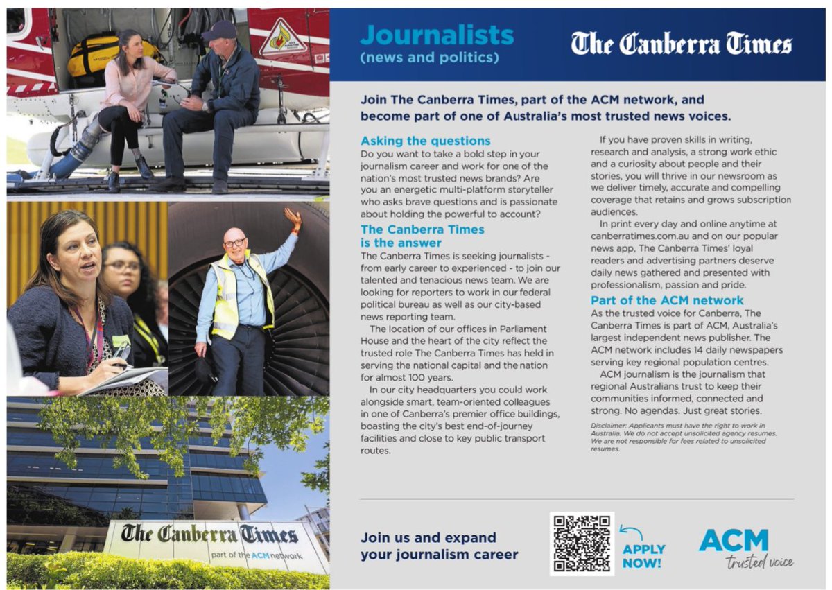 Reporters <a href="/AlexCrowe12/">Alex Crowe</a> <a href="/KJBar/">Karen Barlow</a> &amp; <a href="/EvanstheAirwave/">Steve Evans</a> feature in our recruitment print ads running now, showing every day's different in this business. We're looking for fedpol and news journalists. Apply now: careers.austcommunitymedia.com.au/jobdetails?aji…   <a href="/canberratimes/">Canberra Times</a>