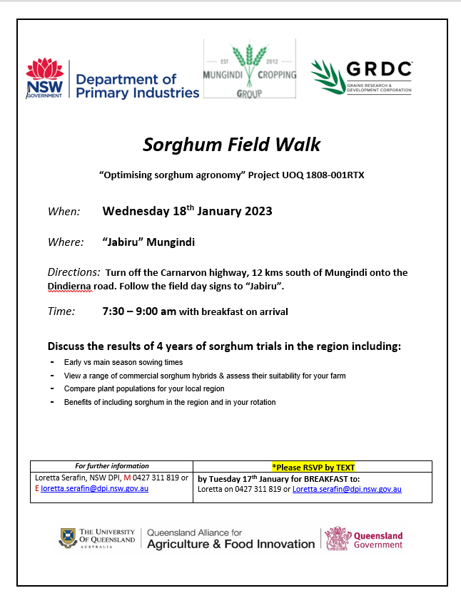 NSW_AGRONOMY's tweet photo. #fieldaysareus
"SORGHUM FIELD WALK, Mungindi"....with @nswdpi's sorghum queen 👑 @LorettaSerafin 

🟨How has early sown sorghum gone?
🟨Plant populations
🟨Hybrid comparisons

When: this Wednesday 18th January @ 7.30am
Where: Address ⤵️. Map on Tweet below.

@GRDCNorth @theGRDC https://t.co/2GvhJ3HMjq