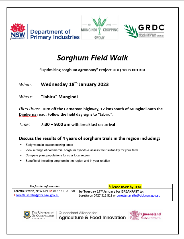 #fieldaysareus 'SORGHUM FIELD WALK, Mungindi'....with @nswdpi's sorghum queen 👑 @LorettaSerafin 🟨How has early sown sorghum gone? 🟨Plant populations 🟨Hybrid comparisons When: this Wednesday 18th January @ 7.30am Where: Address ⤵️. Map on Tweet below. @GRDCNorth @theGRDC